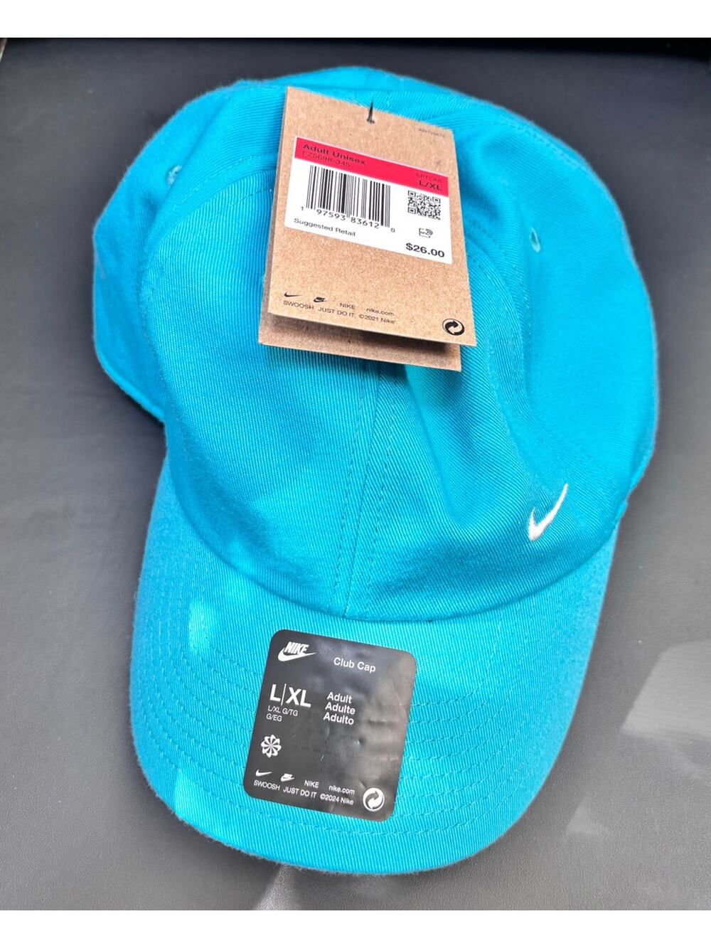 Nike Swoosh Club Performance Adjustable Hat Aqua Adult Unisex Size L/XL